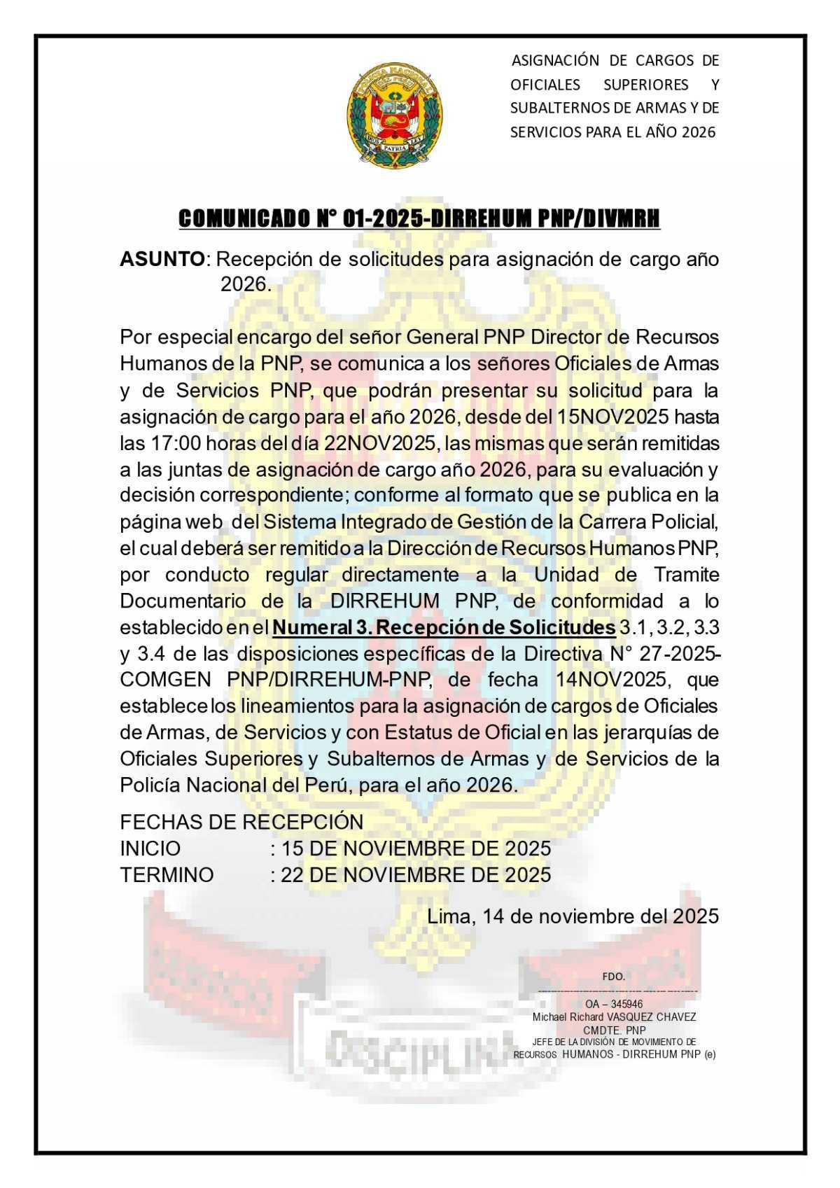 Abren recepción de solicitudes para los CAMBIOS 2026 de oficiales PNP