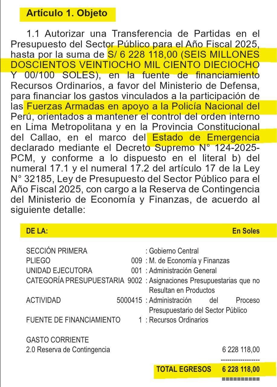 Publican decreto que autoriza BONO a las FF.AA. por estado de emergencia; la PNP continúa en espera Publican decreto que autoriza BONO a las FF.AA. por estado de emergencia; la PNP continúa en espera