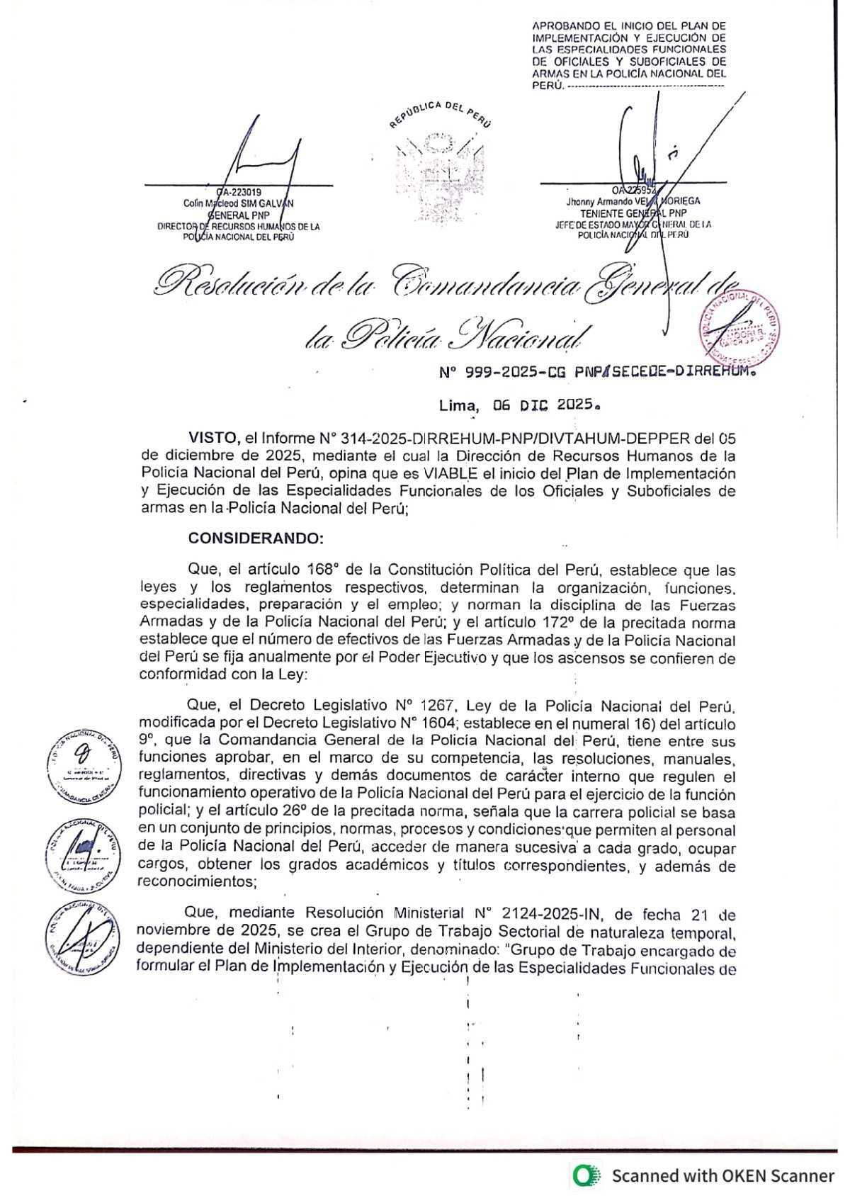 Publican resolución que inicia el plan de especialidades funcionales en la PNP