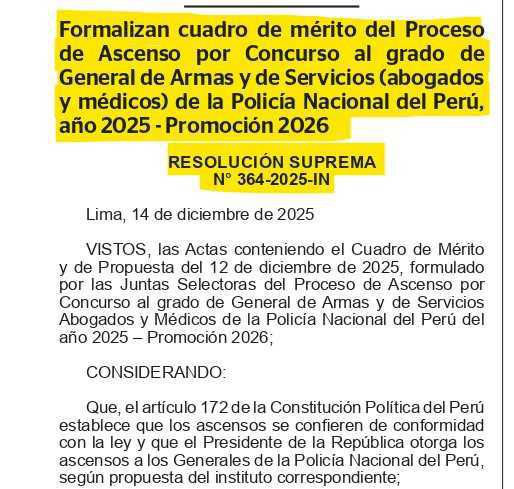 Publican cuadro de mérito para ascenso a Generales PNP - Promoción 2026 Publican cuadro de mérito para ascenso a Generales PNP - Promoción 2026