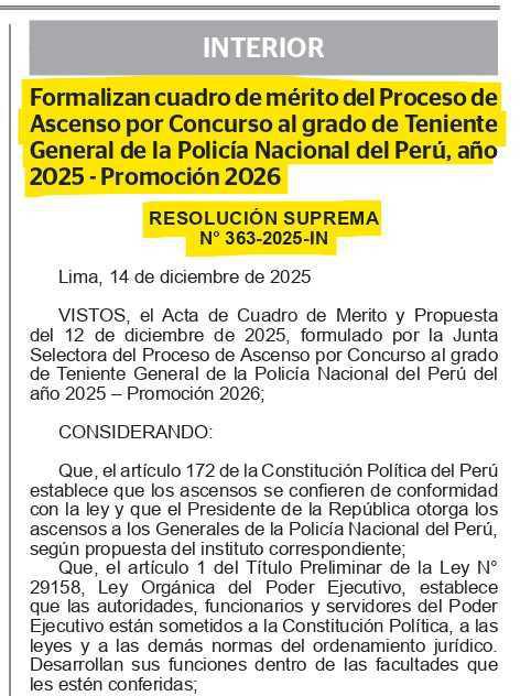 Publican cuadro de mérito para ascenso a Teniente General PNP 2025 (Promoción 2026) Publican cuadro de mérito para ascenso a Teniente General PNP 2025 (Promoción 2026)