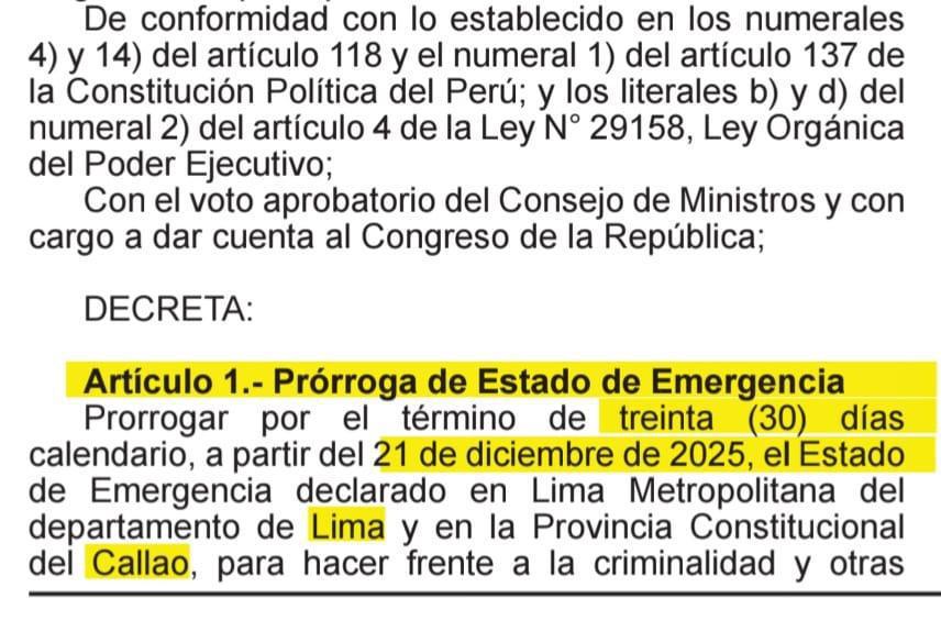 Prorrogan estado de emergencia en Lima y Callao por 30 días más