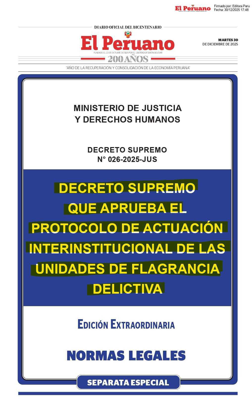 Publican protocolo de actuación de la PNP en Unidades de Flagrancia Delictiva