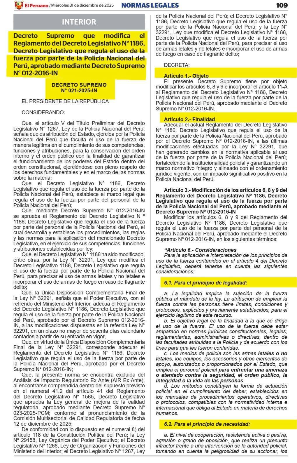 Modifican el Reglamento del Uso de la Fuerza PNP