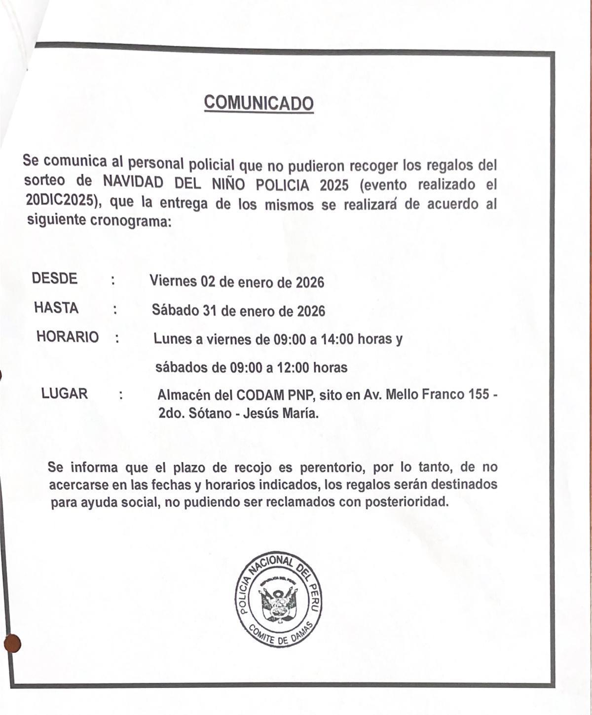 CODAM PNP anuncia entrega de regalos no recogidos del “Navidad del Niño Policía 2025”