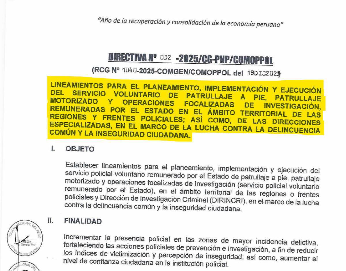 Publican directiva del servicio policial voluntario remunerado: patrullaje y operaciones focalizadas Publican directiva del servicio policial voluntario remunerado: patrullaje y operaciones focalizadas