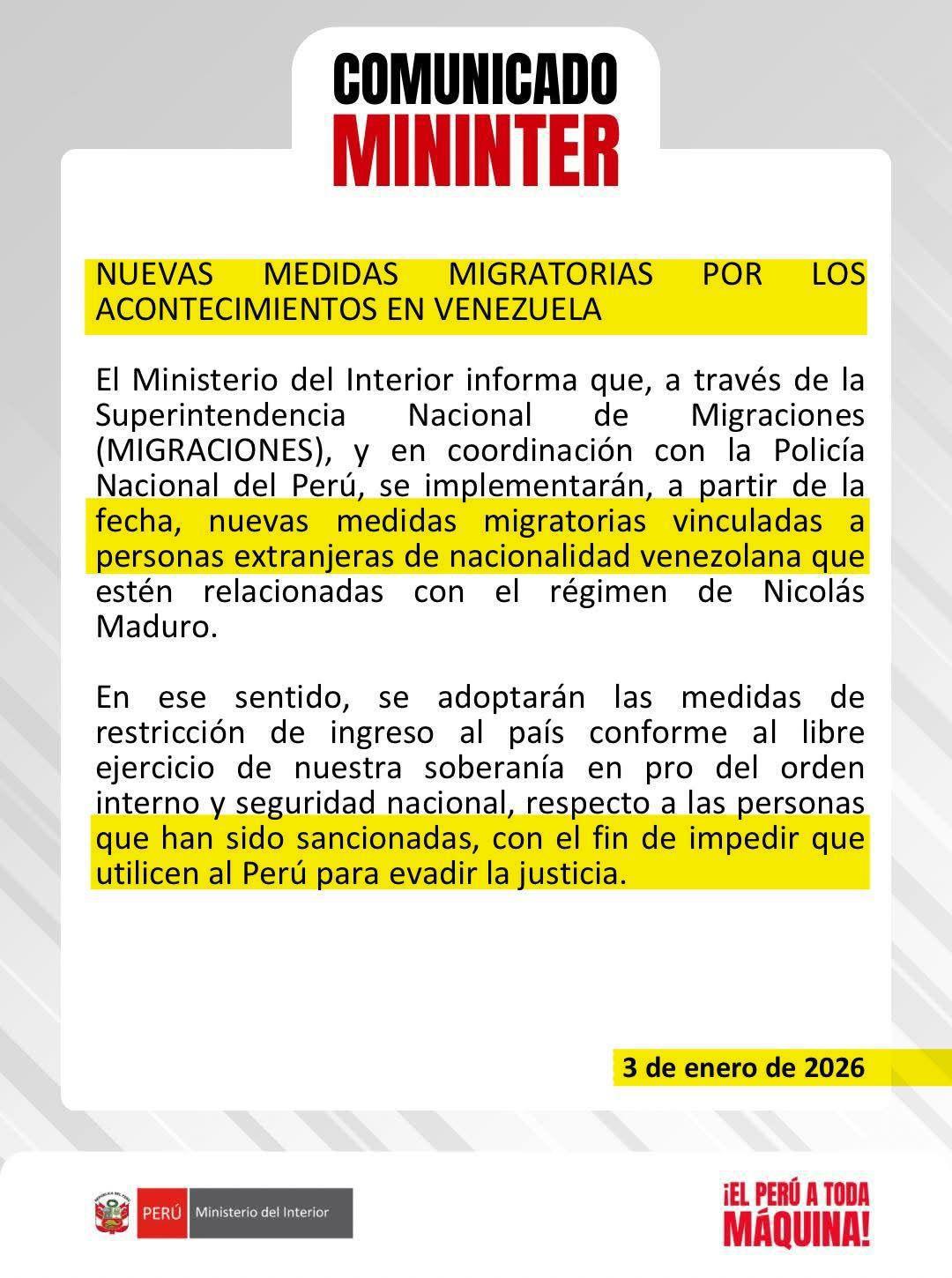 MININTER anuncia nuevas medidas migratorias por hechos en Venezuela MININTER anuncia nuevas medidas migratorias por hechos en Venezuela