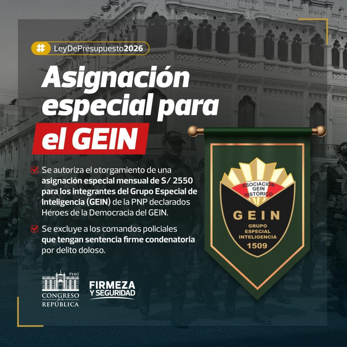 GEIN recibirá una asignación mensual de S/ 2,550 según la Ley de Presupuesto 2026
