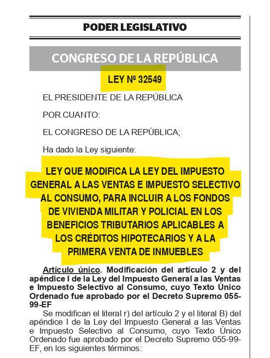 Publican Ley 32549: créditos hipotecarios de FOVIPOL con ventajas tributarias para aportantes Publican Ley 32549: créditos hipotecarios de FOVIPOL con ventajas tributarias para aportantes