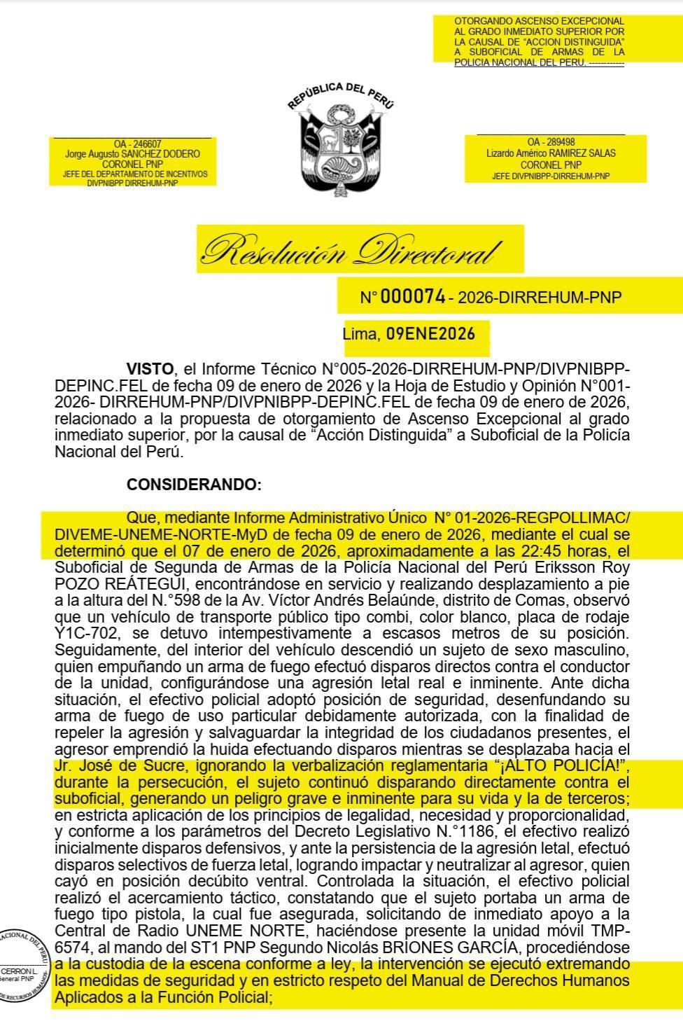 Presentan resolución del ascenso excepcional del S2 PNP Eriksson Pozo