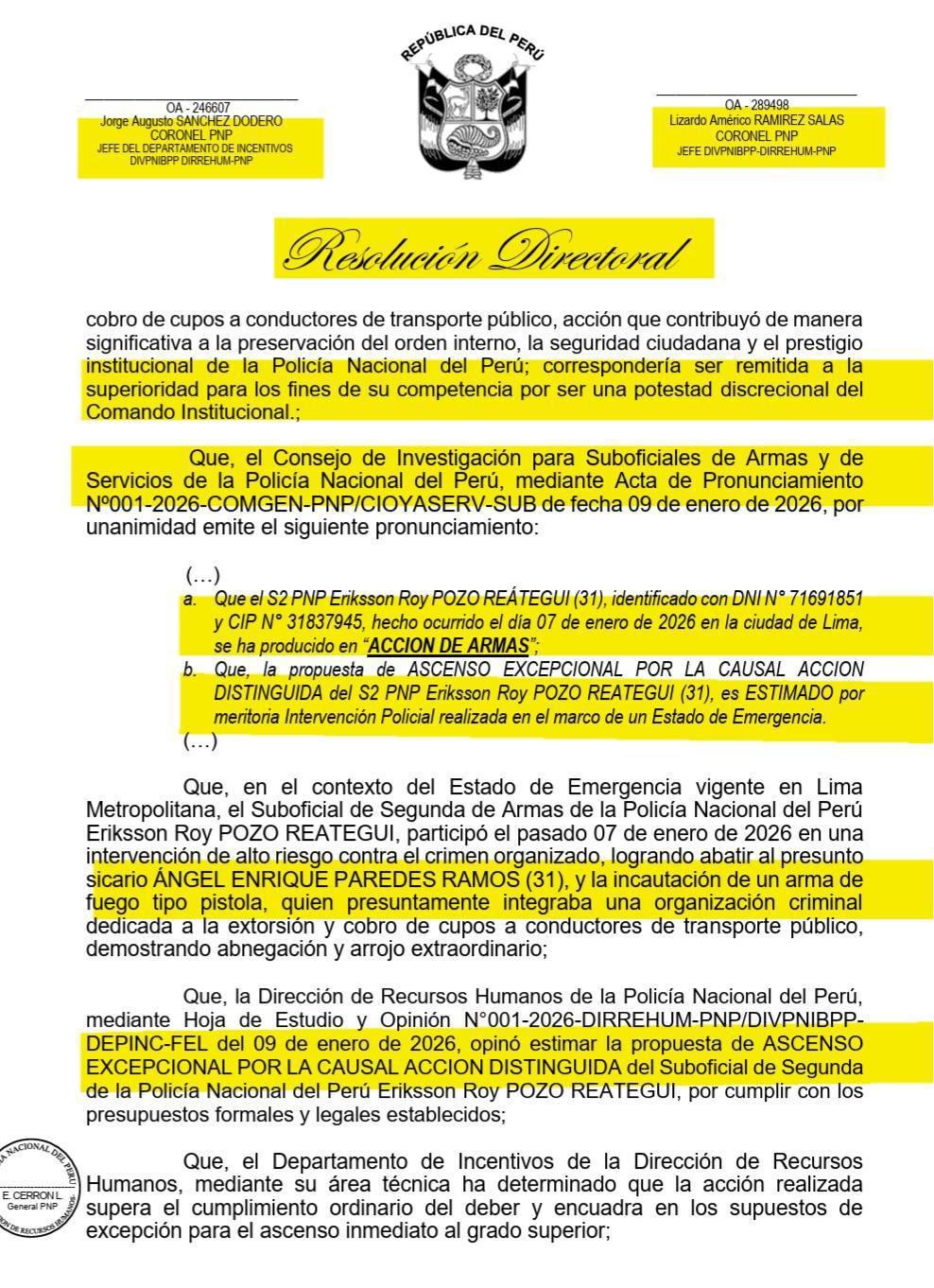 Presentan resolución del ascenso excepcional del S2 PNP Eriksson Pozo Presentan resolución del ascenso excepcional del S2 PNP Eriksson Pozo