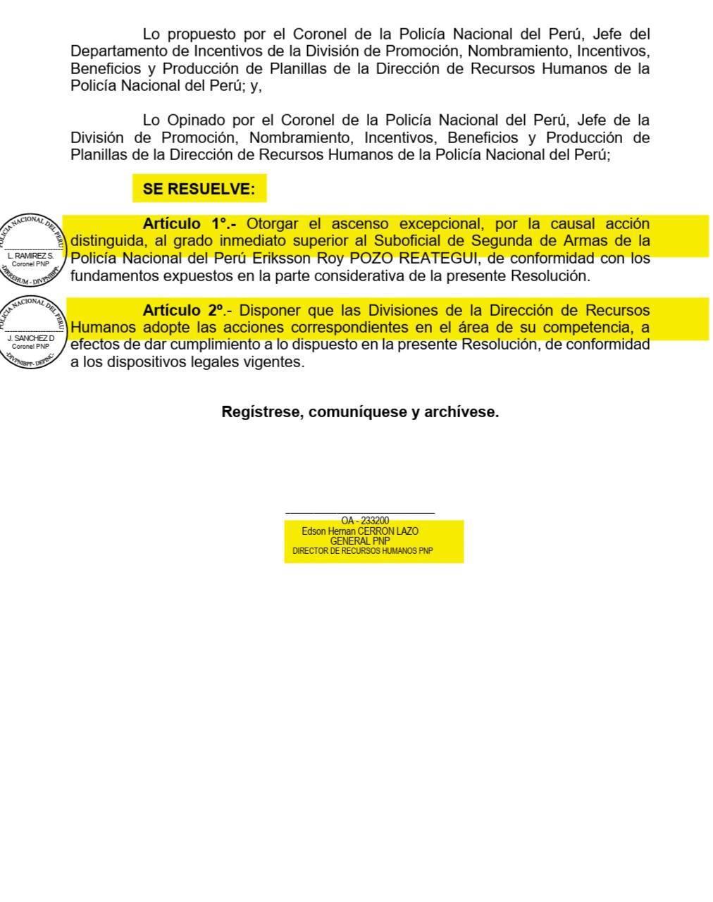 Presentan resolución del ascenso excepcional del S2 PNP Eriksson Pozo Presentan resolución del ascenso excepcional del S2 PNP Eriksson Pozo