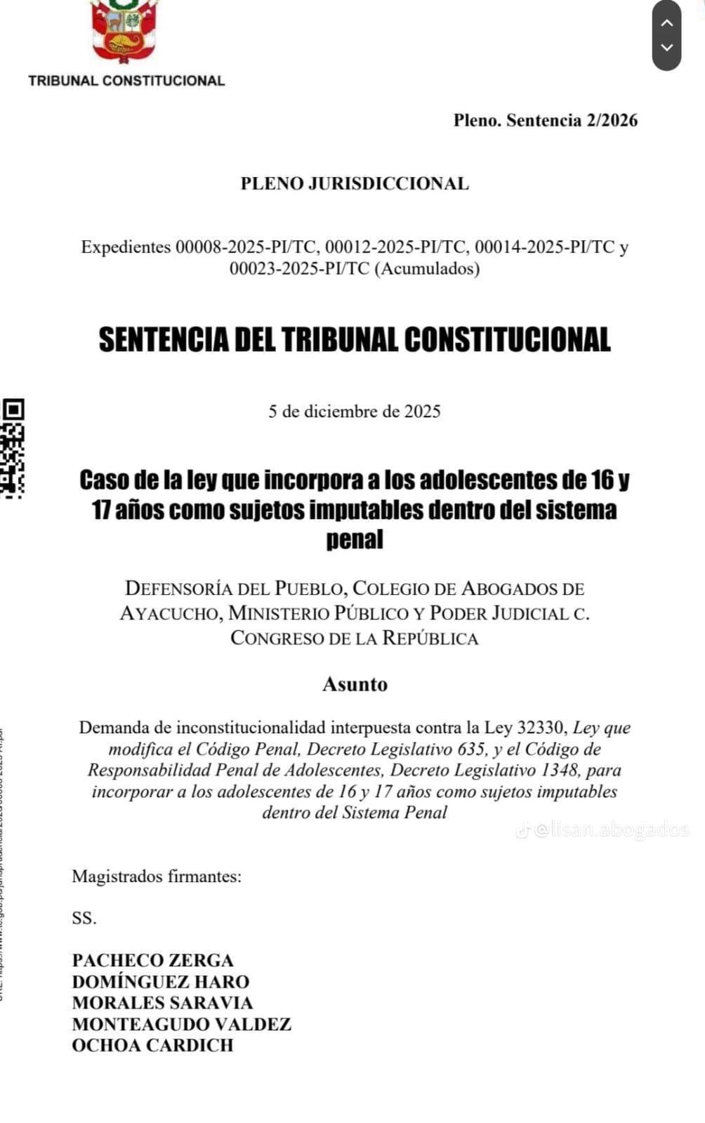 TC declara inconstitucional ley que juzgaba como adultos a adolescentes de 16 y 17 años