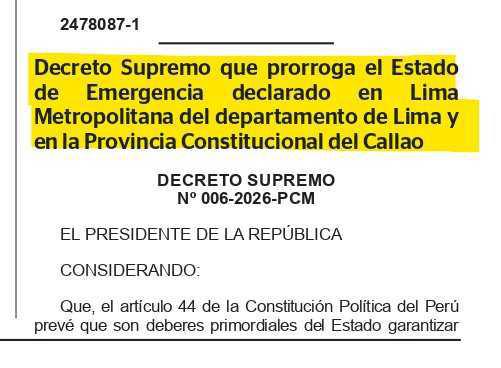 Publican la prórroga del estado de emergencia en Lima y Callao Publican la prórroga del estado de emergencia en Lima y Callao