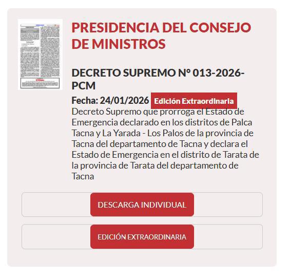 Prorrogan Estado de Emergencia en Palca, Tacna y La Yarada–Los Palos, y se declara en Tarata