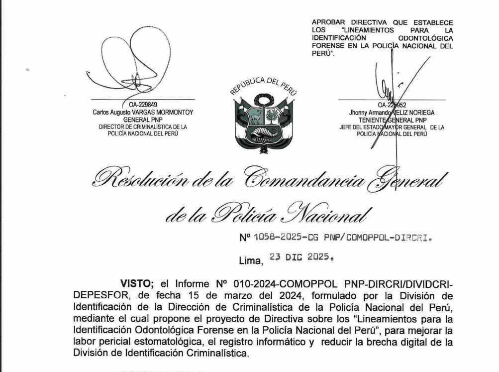Publican directiva PNP : lineamientos para la Identificación Odontológica Forense Publican directiva PNP : lineamientos para la Identificación Odontológica Forense