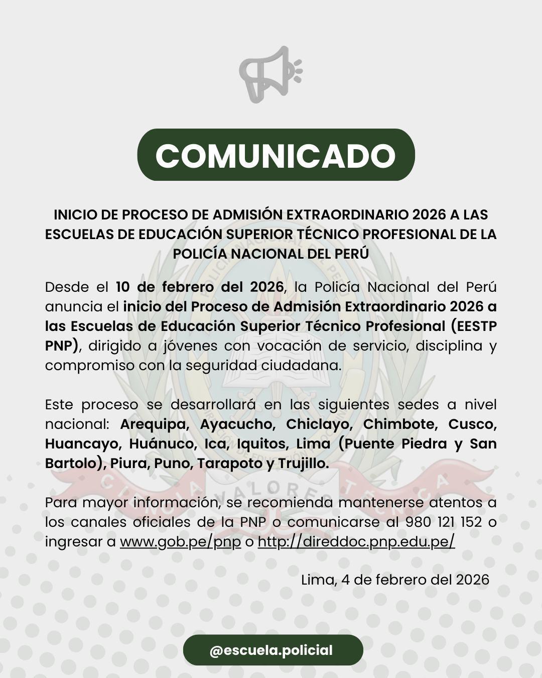 Anuncian Admisión Extraordinaria a las EESTP PNP 2026 a nivel nacional Anuncian Admisión Extraordinaria a las EESTP PNP 2026 a nivel nacional