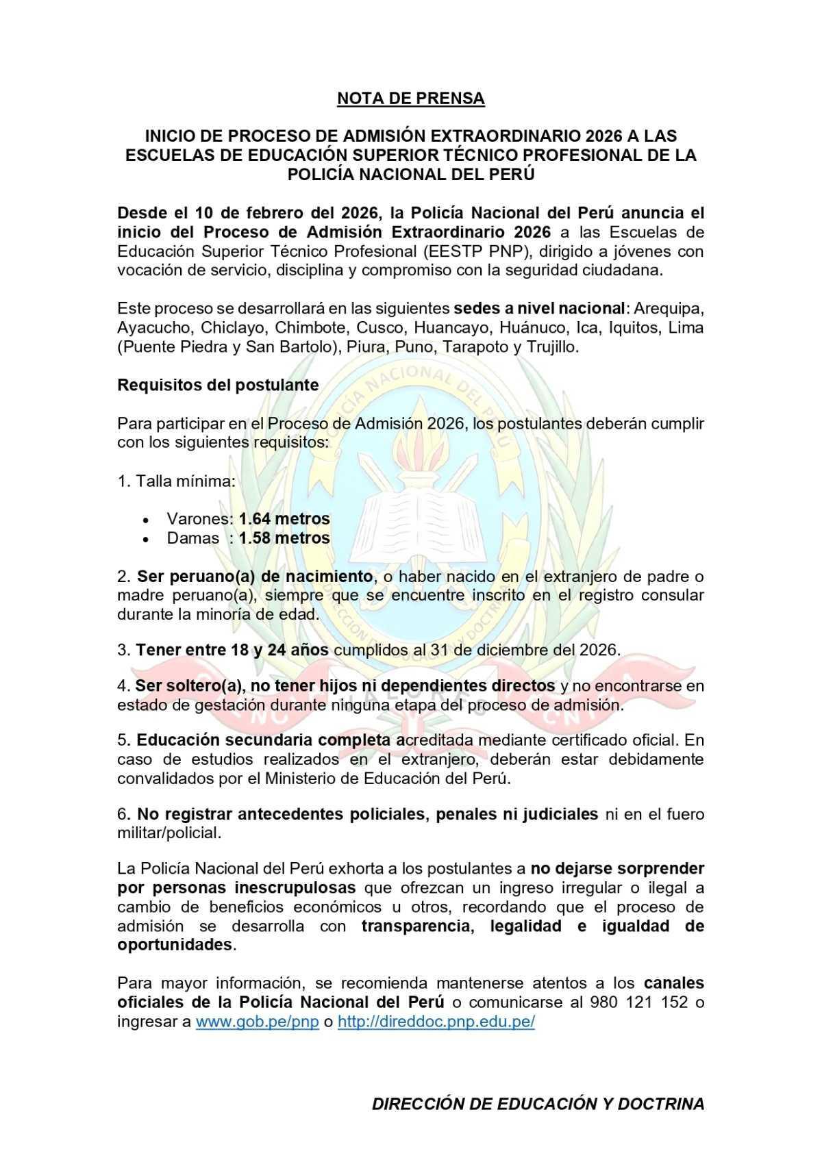 Anuncian Admisión Extraordinaria a las EESTP PNP 2026 a nivel nacional Anuncian Admisión Extraordinaria a las EESTP PNP 2026 a nivel nacional