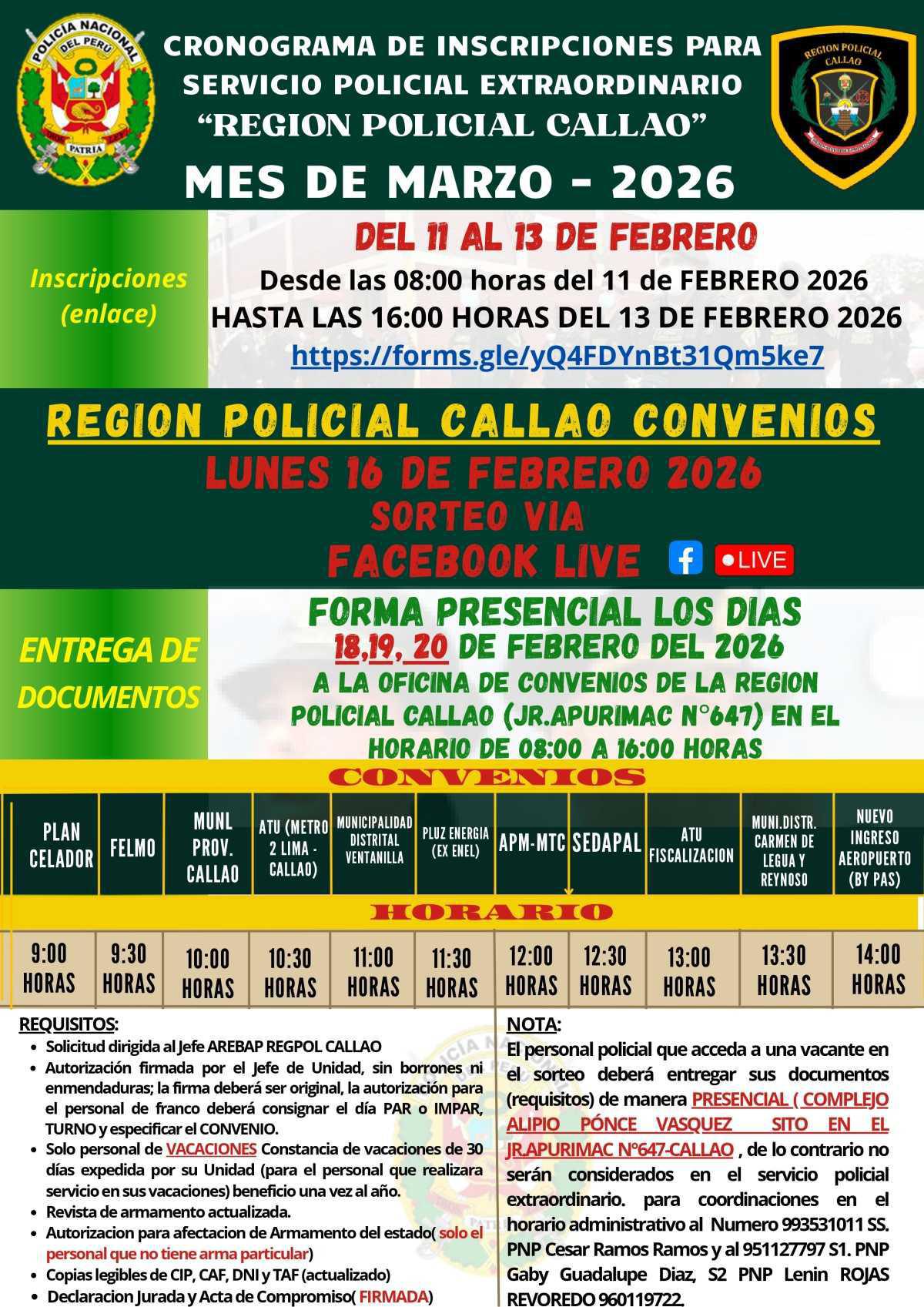 Convocatoria Abierta : Servicio policial "PLAN CELADOR" Callao - MAR2026