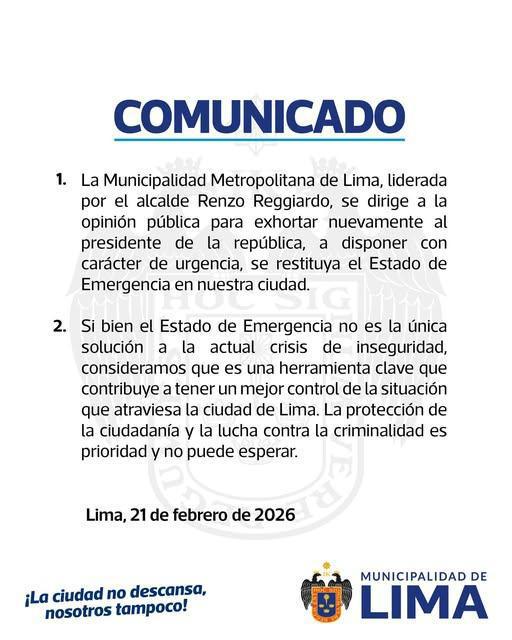 Municipalidad de Lima pide “con carácter de urgencia” que se restituya el Estado de Emergencia Municipalidad de Lima pide “con carácter de urgencia” que se restituya el Estado de Emergencia
