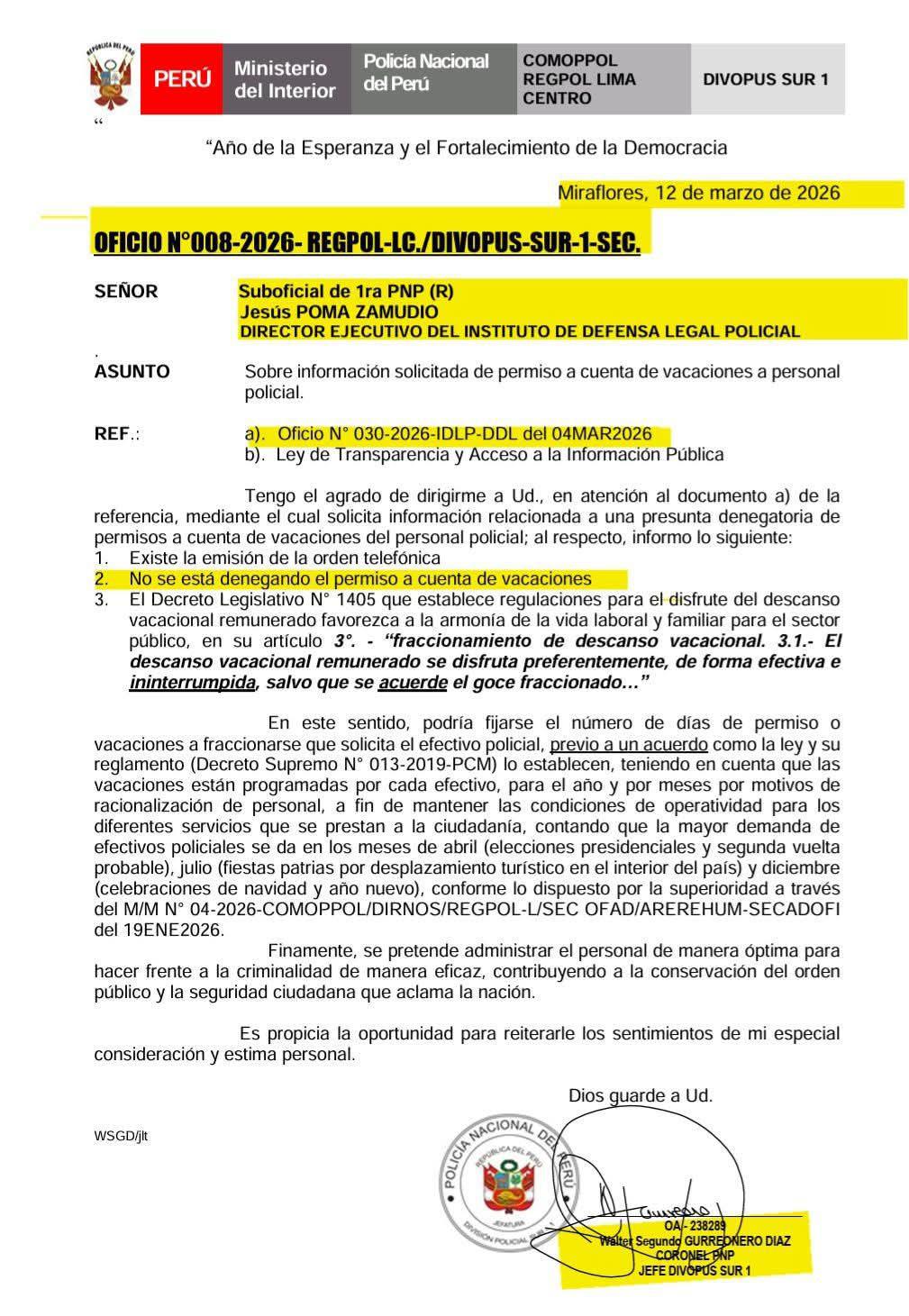 ¿Mínimo 10 días? Coronel PNP niega orden de denegar permisos a cuenta de vacaciones ¿Mínimo 10 días? Coronel PNP niega orden de denegar permisos a cuenta de vacaciones