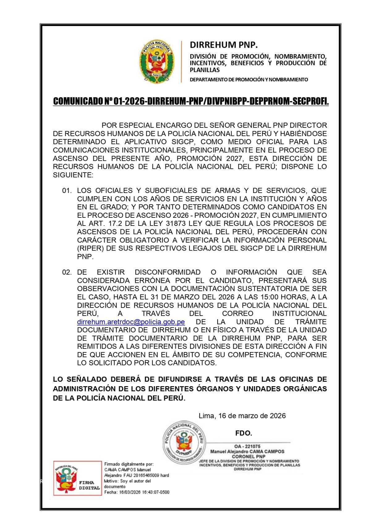 DIRREHUM alerta a postulantes al ascenso: revisa tu legajo y presenta observaciones con sustento