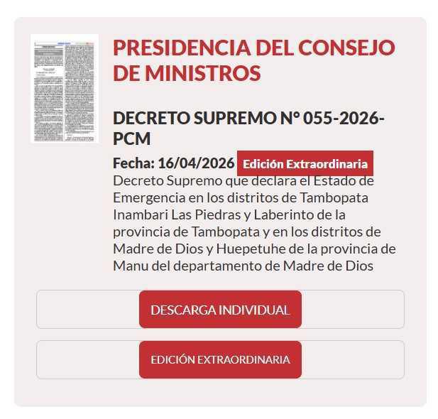 Declaran Estado de Emergencia en seis distritos de Madre de Dios