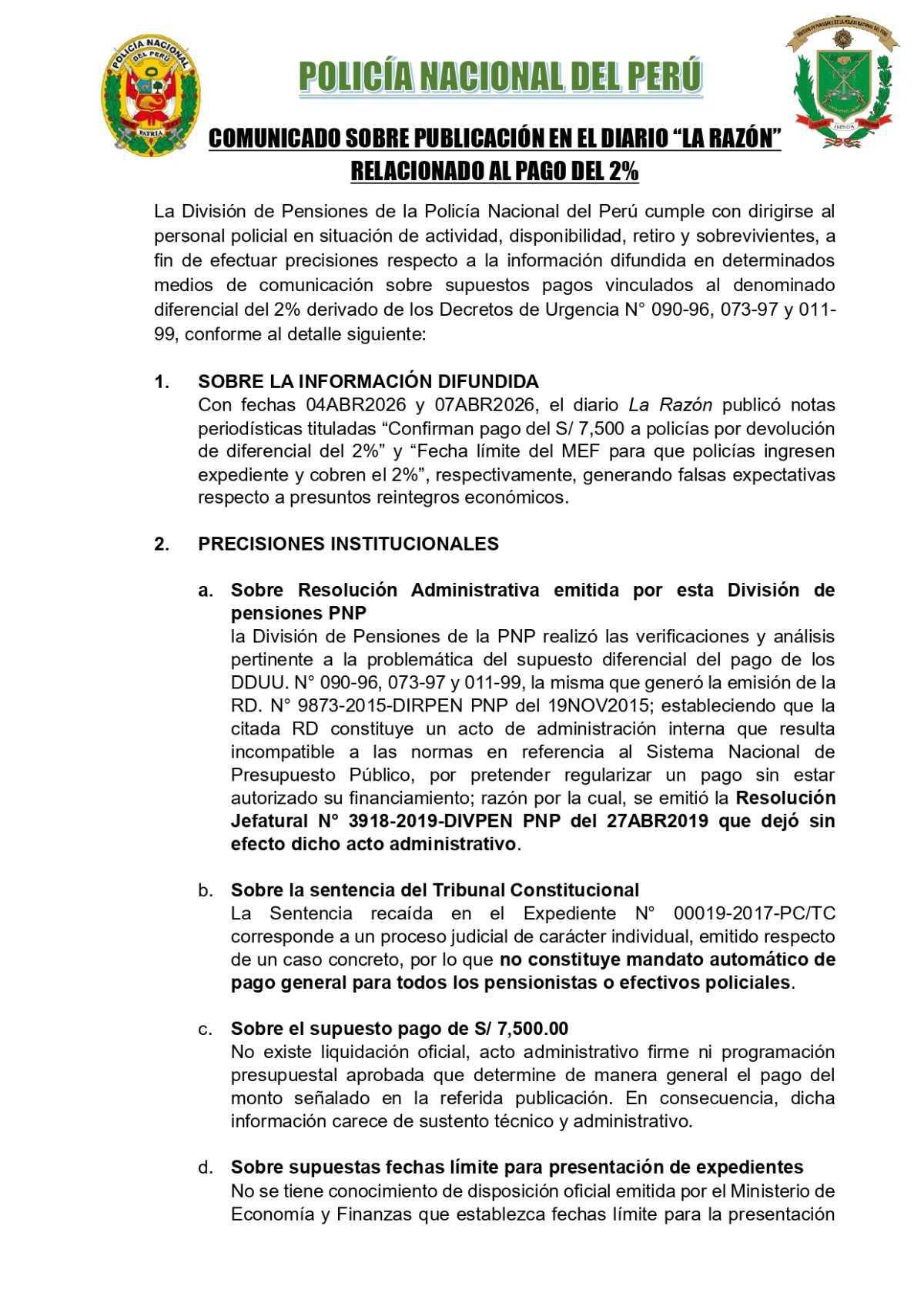 PNP se pronuncia sobre el “pago del 2%” PNP se pronuncia sobre el “pago del 2%”