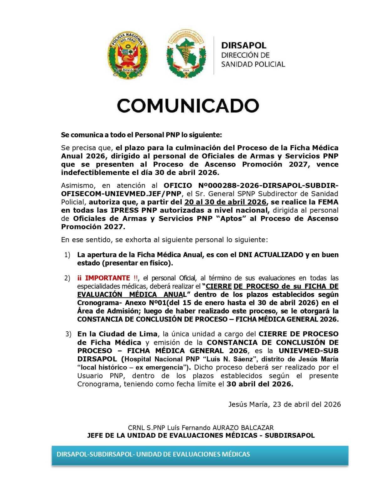 Precisan fecha límite de la Ficha Médica Anual para el ascenso 2026 Precisan fecha límite de la Ficha Médica Anual para el ascenso 2026