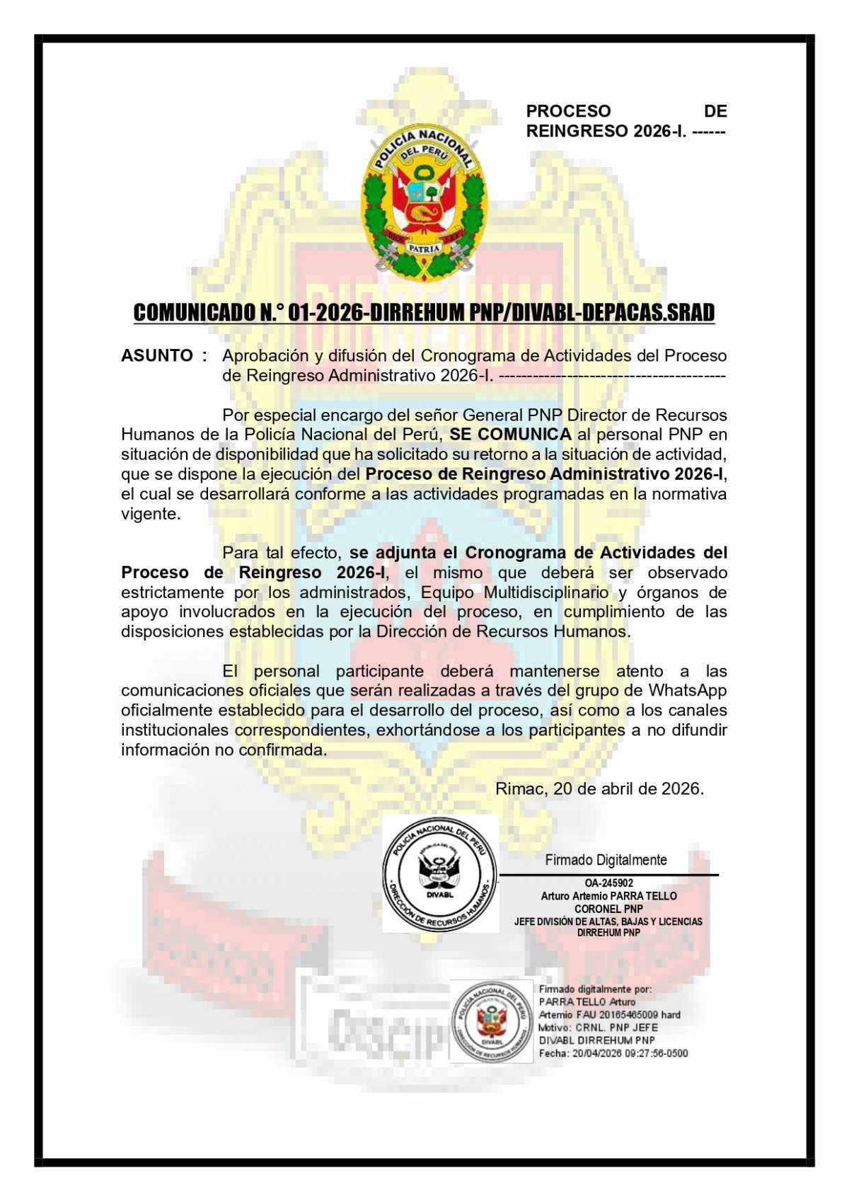 Anuncian Proceso de Reingreso a la PNP 2026-I