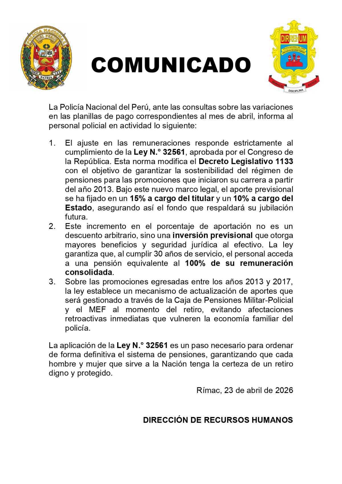 PNP aclara descuentos en remuneraciones tras cambios en el régimen de pensiones PNP aclara descuentos en remuneraciones tras cambios en el régimen de pensiones