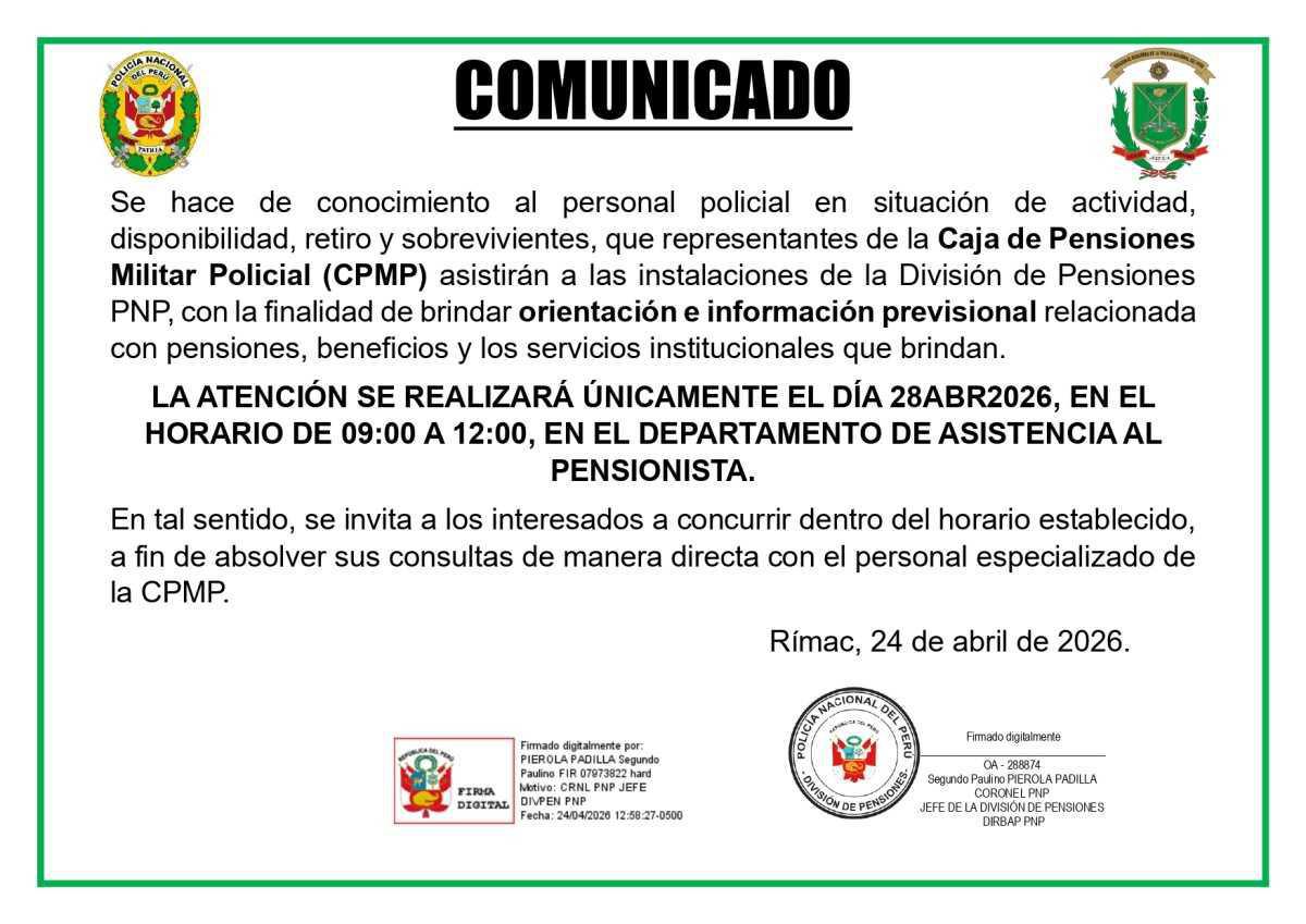 Anuncian atención para informar sobre el nuevo descuento pensionario en la PNP
