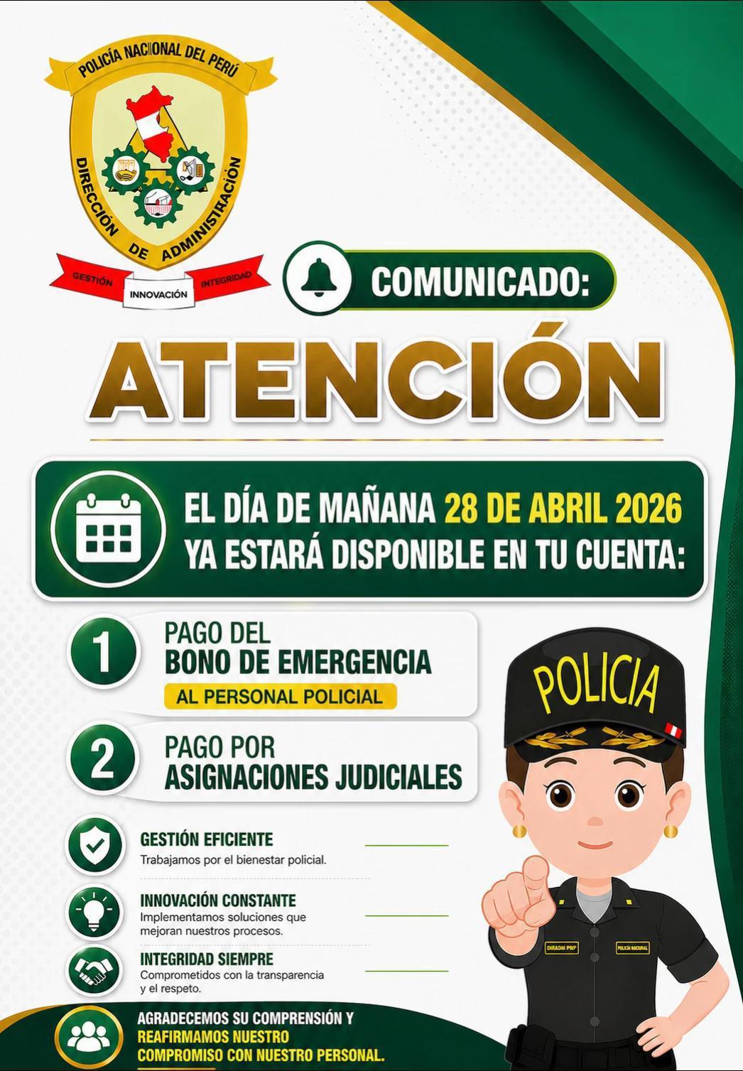 Confirman fecha de pago del bono por estado de emergencia en la PNP