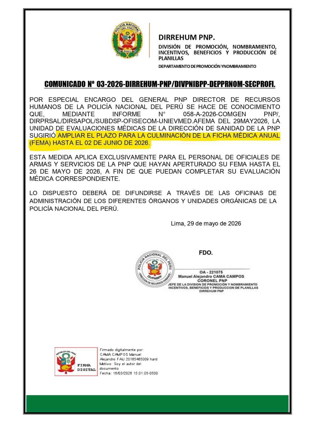Amplían fecha límite para la FEMA del personal de oficiales PNP
