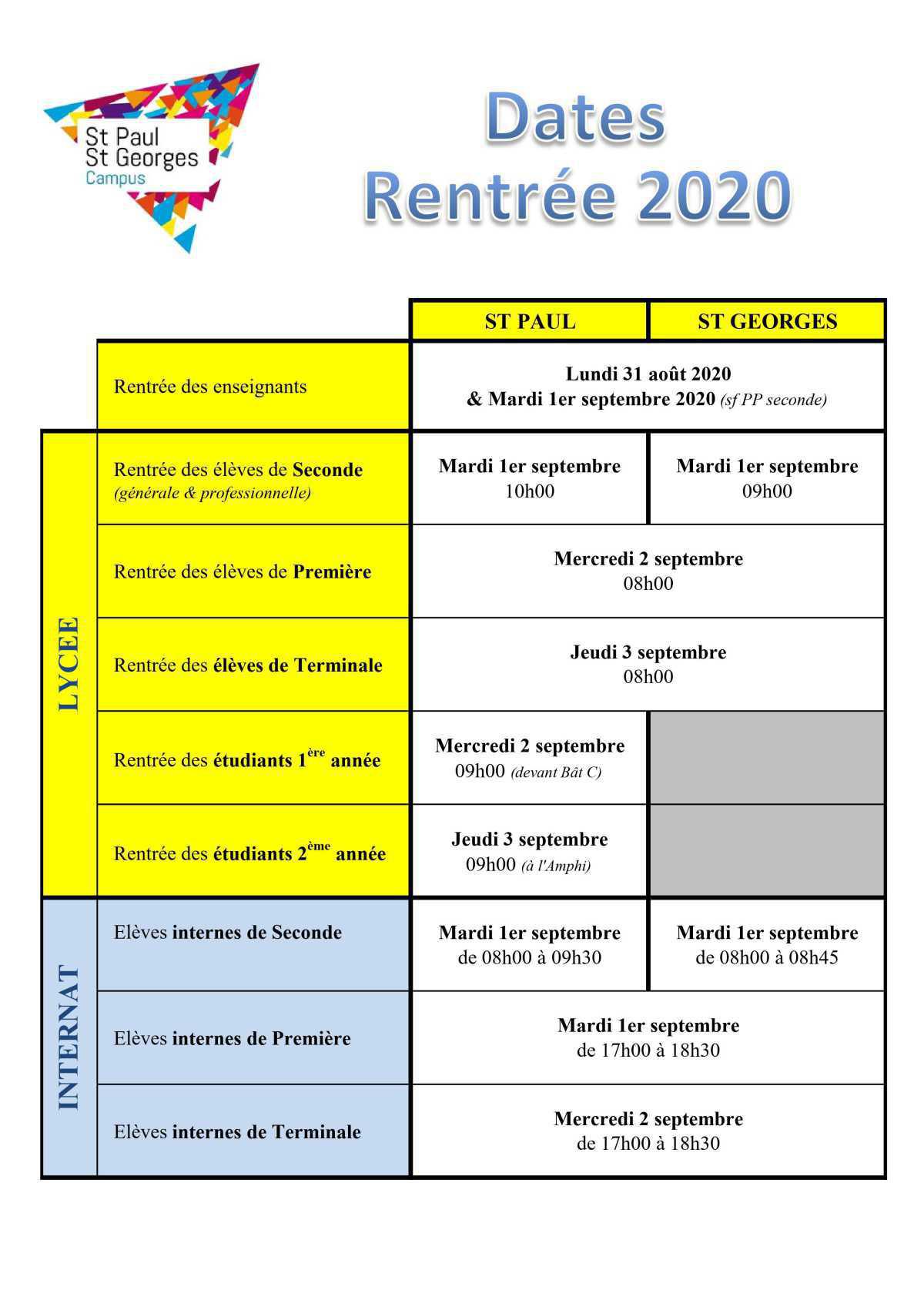 Dates et horaires de rentrée - septembre 2020 Dates et horaires de rentrée - septembre 2020