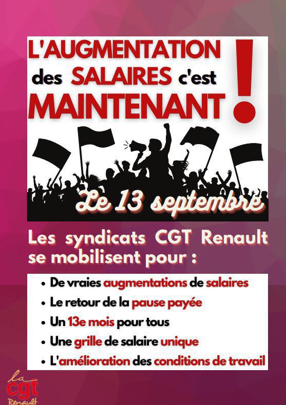 Cléon : Salaires : il est temps de se mobiliser !!! La CGT Renault appelle à la grève et aux manifestations sur tous les sites le 13 septembre. Cléon : Salaires : il est temps de se mobiliser !!! La CGT Renault appelle à la grève et aux manifestations sur tous les sites le 13 septembre.