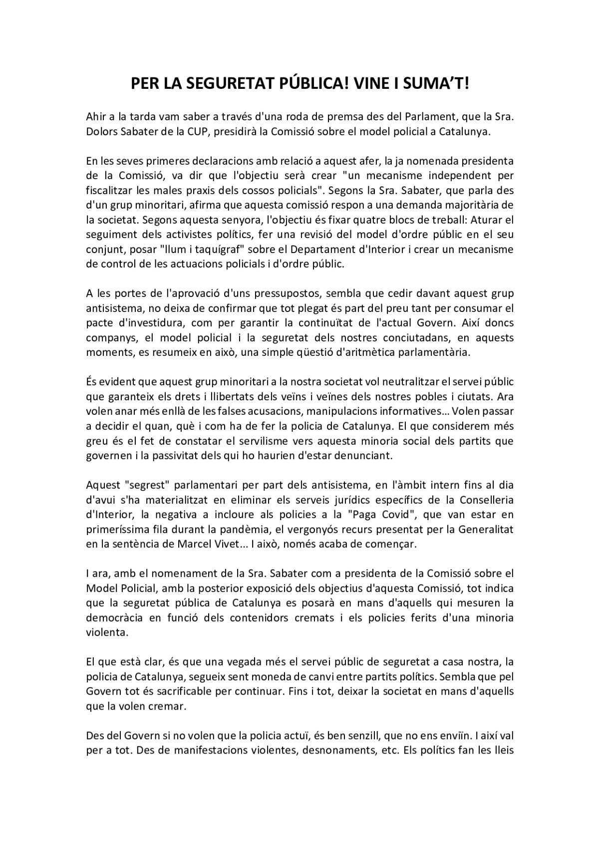 PER LA SEGURETAT PÚBLICA! VINE I SUMA'T!
