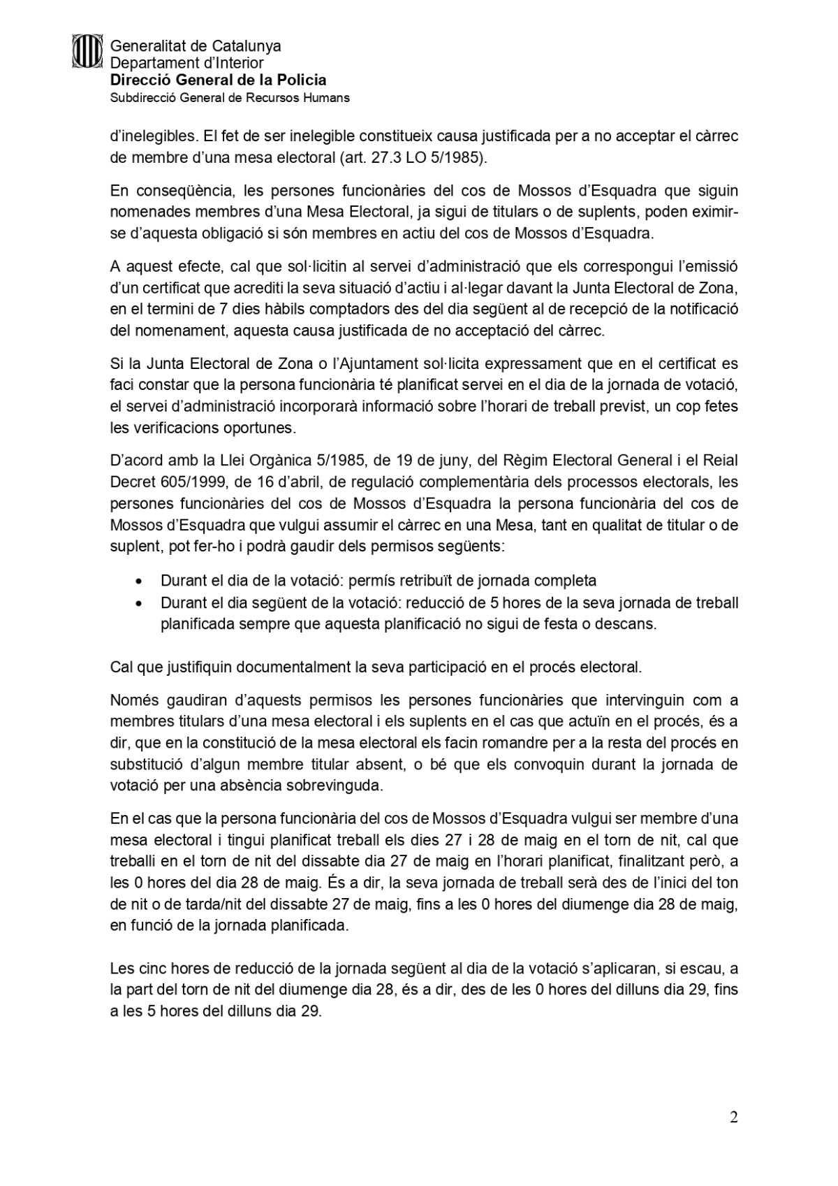 Instrucció 1/2023, sobre la participació de les persones membres del cos de Mossos d’Esquadra en les eleccions locals del dia 28 de maig de 2023.