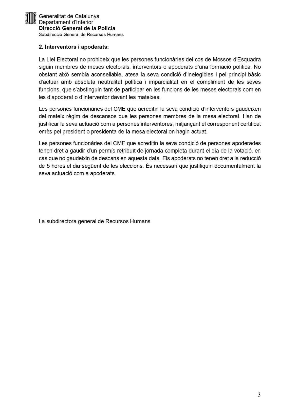 Instrucció 1/2023, sobre la participació de les persones membres del cos de Mossos d’Esquadra en les eleccions locals del dia 28 de maig de 2023.