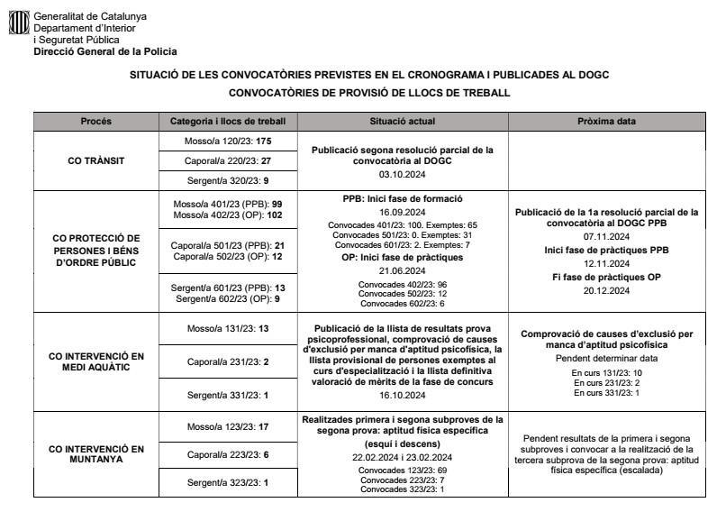 Cronograma processos 2024-25 i situació diferents convocatòries