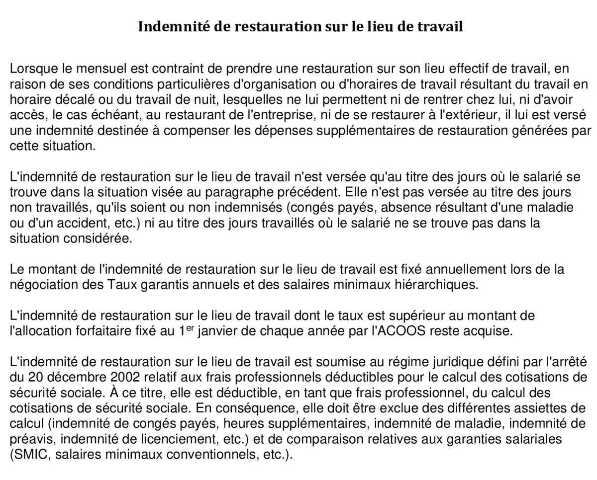 Indemnité de restauration sur le lieu de travail