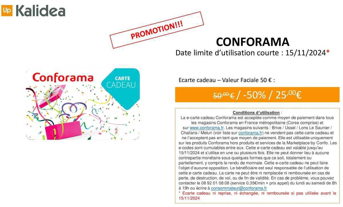 Offre Flash e-carte cadeau Conforama -50% (DLC courte) (Stock épuisé) Offre Flash e-carte cadeau Conforama -50% (DLC courte) (Stock épuisé)