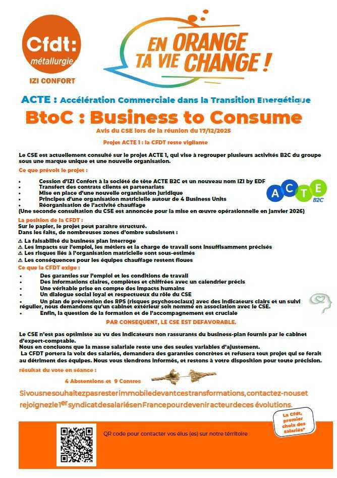 Avis négatif du CSE sur le 1er volet du projet" ACTE"