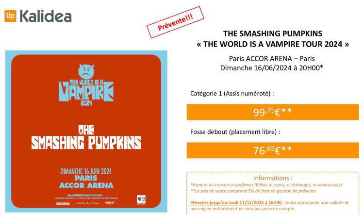 Prévente The Smashing Pumpkins /// 16/06/2024 /// Paris Accor Arena