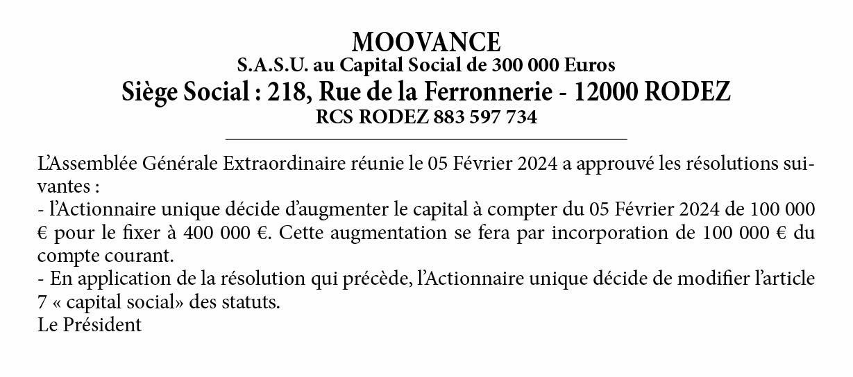 MOOVANCE - Augmentation capital