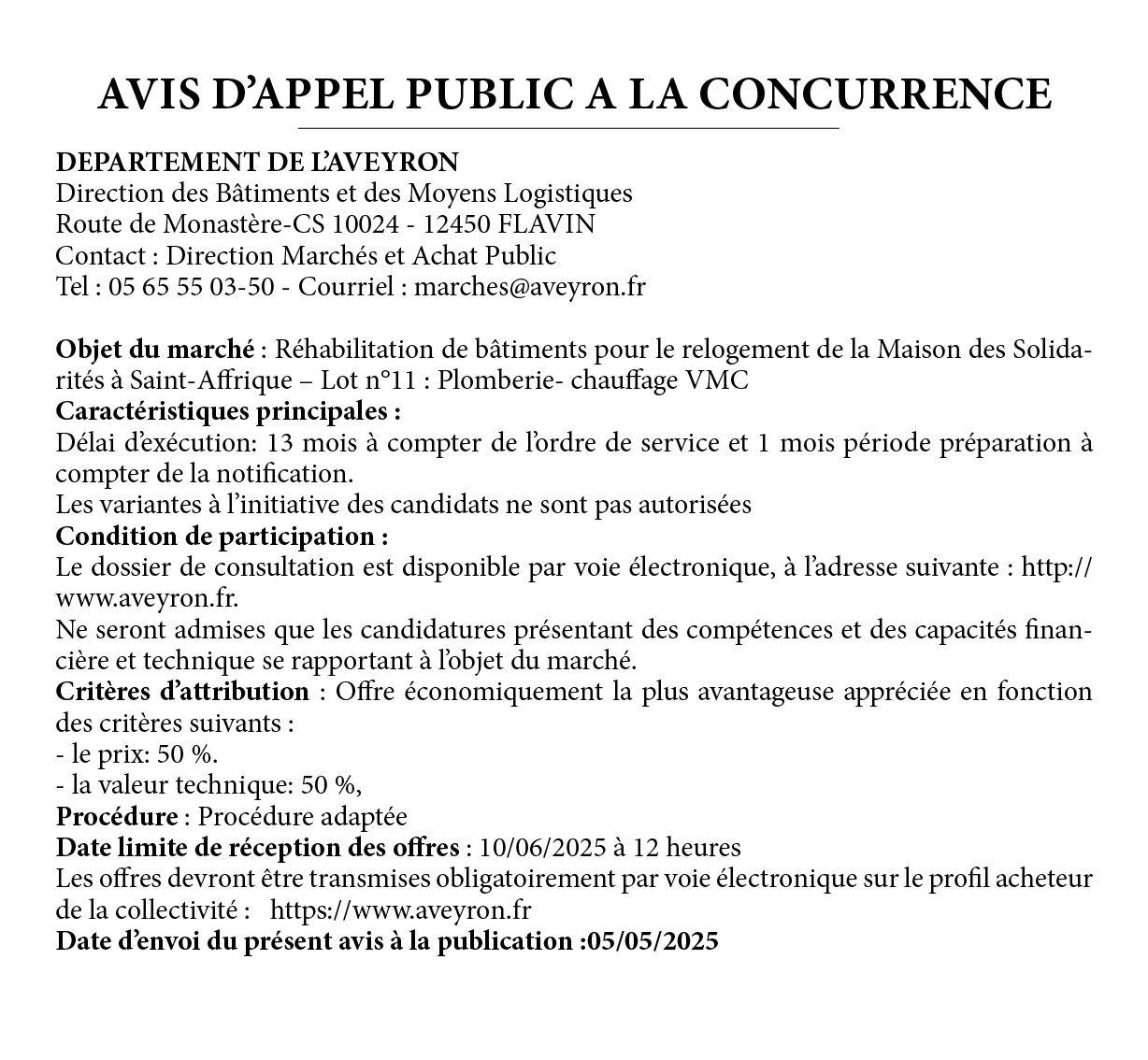APPEL D'OFFRES CD12-MSP