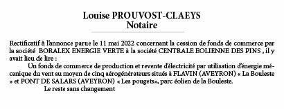 Cession Centrale eolienne - rectificatif
