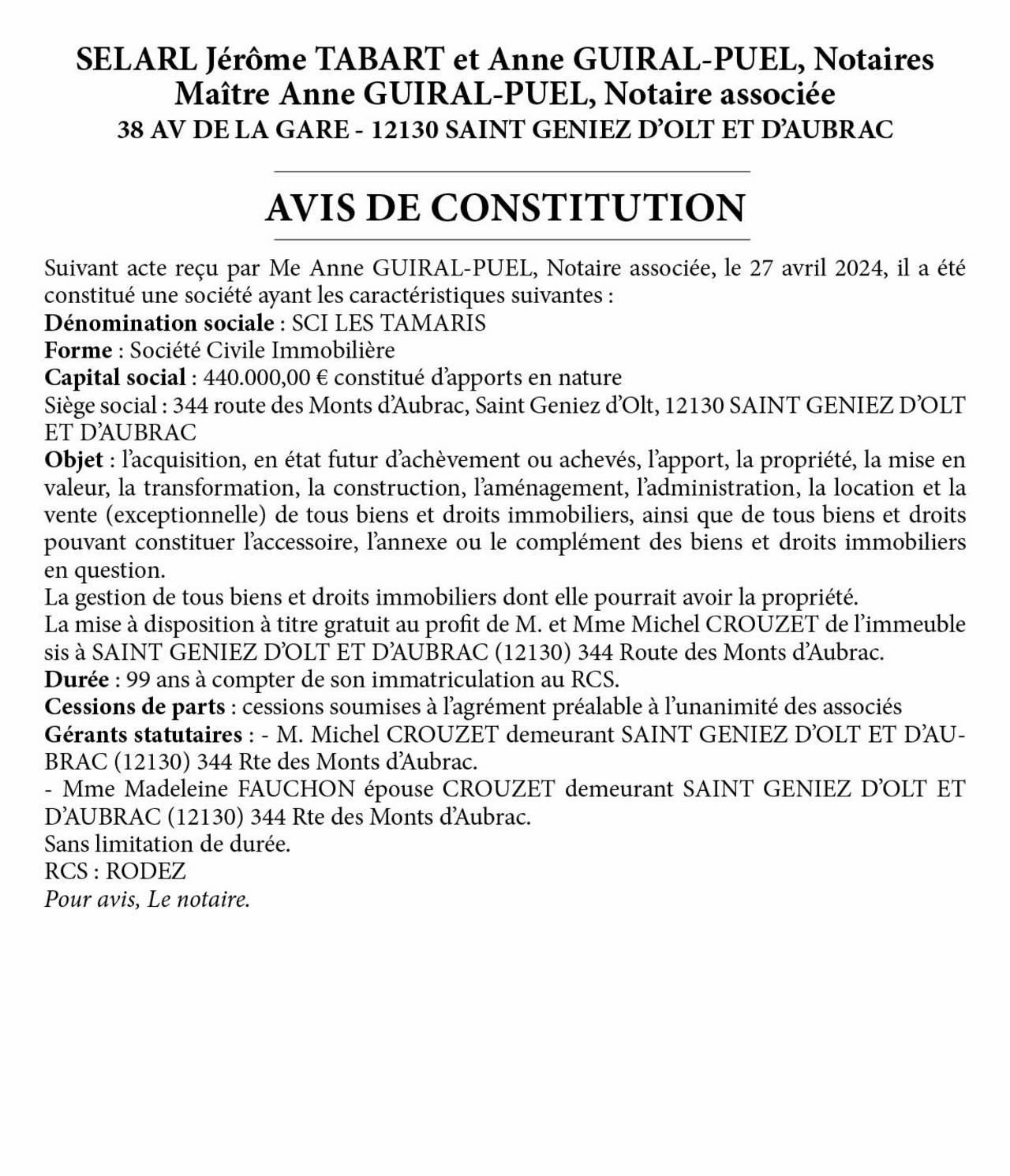 Constitution SCI TAMARIS - 182014