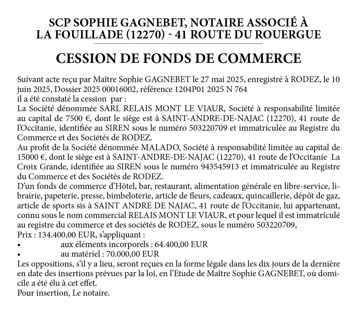 VENTE FOND DE COMMERCE RELAIS LE VIAUR