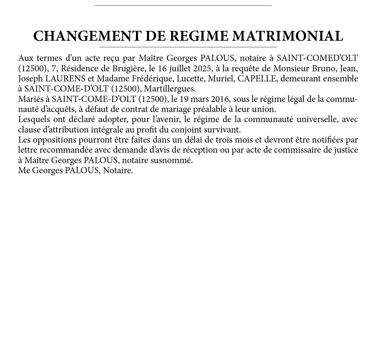Changement régime matrimonialCAPELLE LAURENS